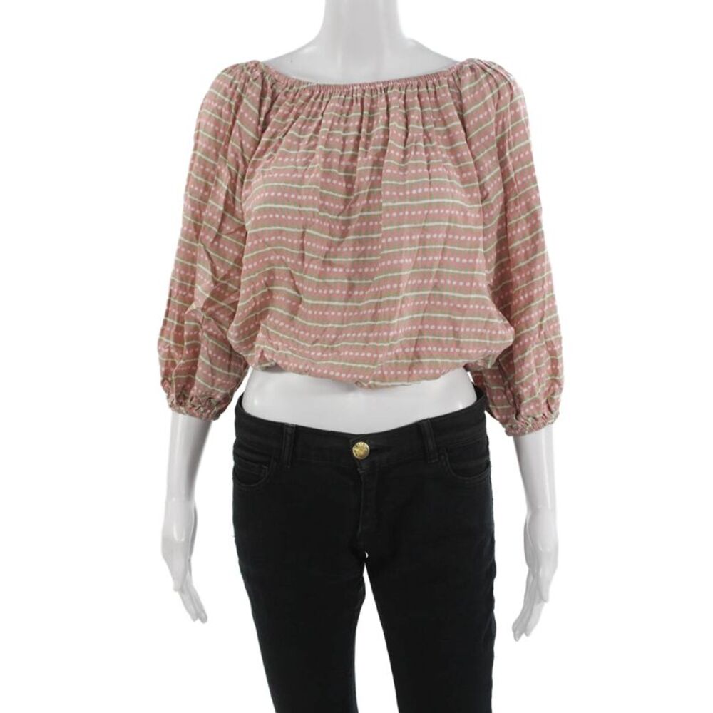 Skemo Women Cropped Striped Rayon Blouse 3/4 Sleeve Round Neck Pink Size S